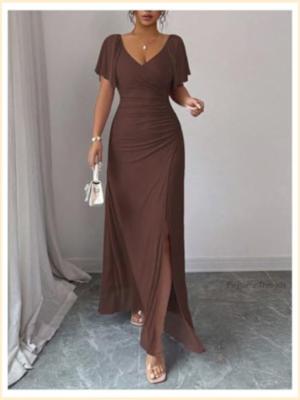 Women's Ruched Long Dress Split Thigh V Neck Short Sleeve Cocktail - Picture 5 of 5